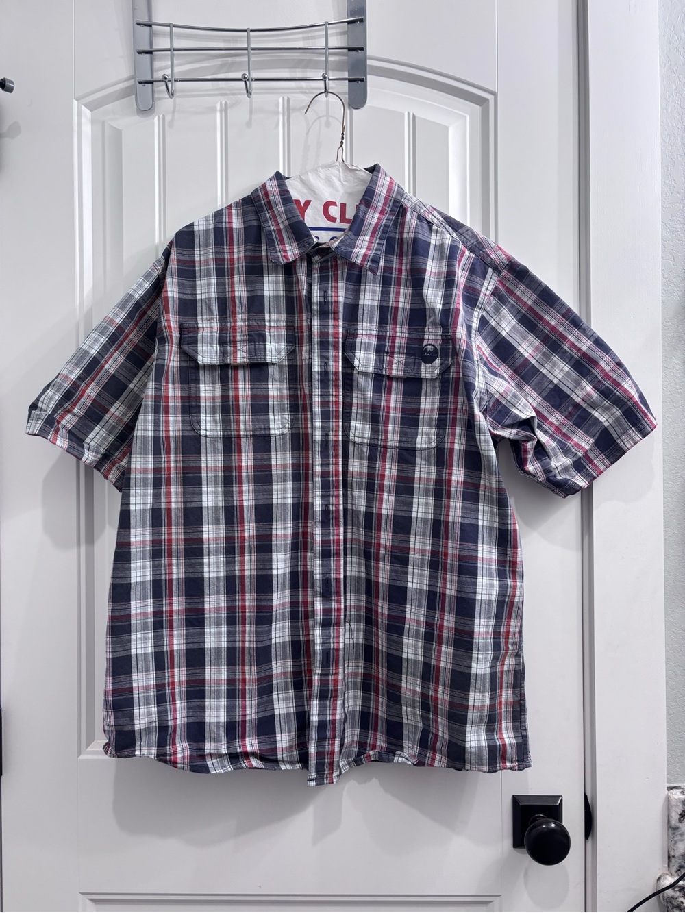 Wrangler Short Sleeve Plaid Button-Down Shirt - Navy, White & Red
